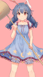 Rule 34 | 1girl, ambiguous red liquid, animal ears, bloomers, blue dress, blue hair, blush, rabbit ears, crescent, dress, earclip, highres, holding, kine, long hair, looking at viewer, mallet, pink background, red eyes, seiran (touhou), shone, short sleeves, simple background, smile, solo, stain, star (symbol), star print, touhou, underwear