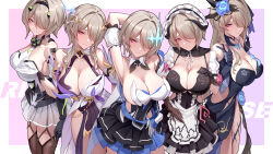 Rule 34 | 5girls, absurdres, alternate costume, arm behind head, armpits, bare shoulders, breasts, cleavage, closed mouth, collarbone, cosplay, cowboy shot, dress, enmaided, flower, gloves, hair flower, hair ornament, hair over one eye, highres, honkai (series), honkai impact 3rd, large breasts, light brown hair, looking at viewer, maid, mole, mole under eye, multiple girls, multiple persona, pink eyes, rita rossweisse, ruo zhishi chu jian, sideboob, simple background, smile, thighhighs