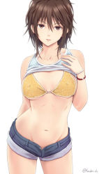 Rule 34 | 1girl, bikini, bikini top only, bracelet, brown eyes, brown hair, clothes lift, collarbone, denim, denim shorts, groin, jewelry, kanden sky, looking at viewer, midriff, navel, open clothes, open shorts, original, shirt lift, short hair, short shorts, shorts, solo, stomach, swimsuit, yellow bikini