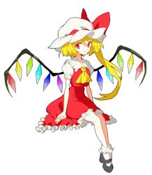 Rule 34 | 1girl, ascot, blonde hair, flandre scarlet, full body, hat, hinabu, long hair, looking at viewer, mary janes, red eyes, shoes, side ponytail, simple background, smile, solo, touhou, white background, wings