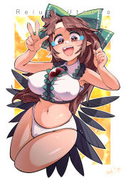 Rule 34 | 1girl, :d, bow, breasts, brown eyes, brown hair, cape, carte, character name, chest jewel, covered erect nipples, cropped legs, green bow, hair bow, highres, large breasts, long hair, looking at viewer, navel, open mouth, reiuji utsuho, smile, solo, teeth, touhou, upper teeth only, w, wings