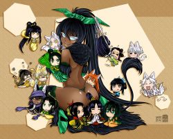 Rule 34 | 6+girls, animal ears, antaria, ass, back tattoo, black eyes, black hair, blue eyes, blush, character request, chi you, chibi, chinese clothes, chinese mythology, chinese text, dark skin, dark-skinned female, closed eyes, hand fan, green eyes, hair ornament, heart, highres, journey to the west, looking back, multiple girls, no pupils, open mouth, smile, tail, tattoo, tie shan gongzhu, tiger tail, tongue, tramp stamp, translation request, yellow eyes, yin yang, yu mian gongzhu