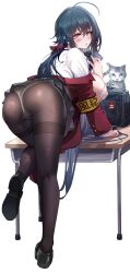 Rule 34 | 1girl, absurdres, ahoge, armband, ass, bag, bent over, black footwear, black hair, black pantyhose, black skirt, blazer, bra, breasts, cameltoe, cat, cleft of venus, collared shirt, desk, dress shirt, full body, hair ribbon, highres, jacket, jacket partially removed, kylezhang42, large breasts, leg up, loafers, long hair, long sleeves, looking at viewer, looking back, low twintails, miniskirt, official alternate costume, official alternate hairstyle, on desk, open clothes, open shirt, panties, panties under pantyhose, pantyhose, pleated skirt, red eyes, red jacket, ribbon, school bag, school desk, school uniform, shirt, shoes, skirt, solo, taihou (azur lane), taihou (sweet time after school) (azur lane), thighband pantyhose, twintails, underwear, uniform, white bra, white panties, white shirt, yellow armband