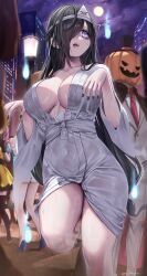 Rule 34 | 1girl, ?, @ @, absurdres, black hair, black nails, breasts, commentary request, covered navel, ghost, ghost costume, halloween, highres, large breasts, nail polish, open mouth, original, pumpkin costume, pumpkin mask, purple eyes, red tie, see-through, sweatdrop, wet, wet clothes, yayoi maka