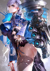 Rule 34 | 1girl, alternate costume, ass, azur lane, belfast (azur lane), belfast (iridescent rosa) (azur lane), blue dress, blue eyes, braid, breasts, chain, china dress, chinese clothes, clothing cutout, collar, commentary request, dress, earrings, folded fan, folding fan, french braid, from side, hand fan, hand on own hip, highres, holding, holding fan, jewelry, large breasts, long hair, long sleeves, looking at viewer, pinky ring, rigging, side cutout, side slit, signo aaa, silver hair, solo, thighhighs, thighs, white thighhighs