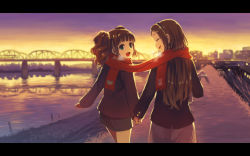 Rule 34 | 2girls, breath, bridge, brown hair, closed eyes, from behind, green eyes, holding hands, idolmaster, idolmaster (classic), letterboxed, long hair, minase iori, multiple girls, open mouth, river, scarf, shared clothes, shared scarf, shirane taito, short hair, smile, sunset, takatsuki yayoi, twintails, walking