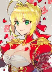 Rule 34 | 1girl, ahoge, blonde hair, braid, breasts, cleavage, copyright name, epaulettes, fate/extra, fate/grand order, fate (series), floral background, french braid, green eyes, hair intakes, large breasts, nero claudius (fate), nero claudius (fate) (all), nero claudius (fate/extra), petals, red ribbon, redrop, ribbon, rose background, rose petals, smile, solo, upper body