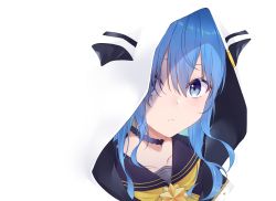Rule 34 | 1girl, absurdres, blending, blue choker, blue eyes, blue hair, choker, closed mouth, collarbone, commentary, eyebrows hidden by hair, hair over one eye, highres, hololive, hood, hooded jacket, hoshimachi suisei, hoshimachi suisei (school uniform), jacket, looking at viewer, negative space, one eye covered, portrait, sailor collar, solo, star (symbol), star in eye, symbol in eye, tefutefu (tefutefu u3), virtual youtuber, white background, white jacket