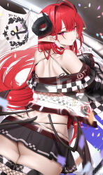 Rule 34 | 1girl, absurdres, ass, azur lane, bare shoulders, black skirt, closed mouth, earrings, flag, fouriasensei, from behind, gloves, hair intakes, heart, heart earrings, highres, hindenburg (azur lane), horns, jewelry, long hair, long sleeves, looking at viewer, looking back, microskirt, mole, mole under eye, off shoulder, pointy ears, race queen, red eyes, red hair, see-through, skirt, solo, thighhighs, thong, underbutt, white gloves