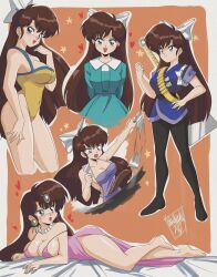 Rule 34 | 1girl, absurdres, barefoot, blush, bow, breasts, brown hair, cooking, danmakuman, dated, full body, heart, highres, kuonji ukyou, large breasts, legs, open mouth, pantyhose, ranma 1/2, school uniform, spatula, star (symbol), studio deen, swimsuit, variations, white bow