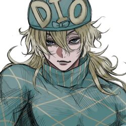 Rule 34 | 1boy, aqua hat, aqua sweater, argyle clothes, argyle sweater, blonde hair, bow, character name, close-up, diego brando, green eyes, green hat, green sweater, hat, hat bow, jojo no kimyou na bouken, long hair, looking at viewer, male focus, smile, smirk, steel ball run, sweater, turtleneck, turtleneck sweater, yutarotaro28