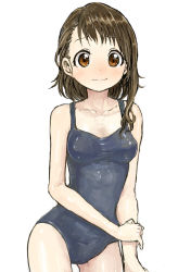 Rule 34 | 10s, 1girl, alternate costume, blue one-piece swimsuit, brown eyes, brown hair, cowboy shot, gaihan umeboshi mitchell, highres, nisekoi, one-piece swimsuit, onodera kosaki, school swimsuit, short hair, simple background, solo, swimsuit, white background