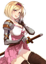 Rule 34 | 10s, 1girl, armor, blonde hair, blush, boots, breasts, brown eyes, brown footwear, brown thighhighs, cleavage, clothes lift, cum, cum in mouth, cum on tongue, djeeta (granblue fantasy), dress, fighter (granblue fantasy), gauntlets, gloves, granblue fantasy, hairband, heart, heart-shaped pupils, highres, large breasts, looking at viewer, open mouth, panties, realmbw, short hair, simple background, skirt, skirt lift, smile, solo, suggestive fluid, sword, symbol-shaped pupils, thigh boots, thighhighs, tongue, tongue out, underwear, weapon, white background, white panties