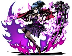 Rule 34 | 1girl, black hair, blue eyes, breasts, brown pantyhose, cleavage, divine gate, dress, fire, full body, high heels, high ponytail, highres, holding, holding weapon, jewelry, long hair, looking at viewer, medium breasts, necklace, pantyhose, purple dress, red footwear, scythe, shadow, short dress, simple background, sleeveless, sleeveless dress, solo, ucmm, weapon, white background