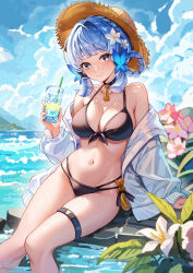 Rule 34 | 1girl, absurdres, ayaka (genshin impact), bare shoulders, bikini, black bikini, black choker, blue eyes, blue hair, blue jacket, blue sky, chen ying (alan-yut), choker, cloud, commentary, cup, day, drinking glass, drinking straw, feet out of frame, flower, front-tie bikini top, front-tie top, genshin impact, hair flower, hair ornament, hat, highres, holding, holding cup, jacket, long sleeves, looking at viewer, navel, off shoulder, open clothes, open jacket, outdoors, pink flower, short hair, sitting, sky, smile, soaking feet, solo, stomach, swimsuit, thigh strap, thighs, white flower