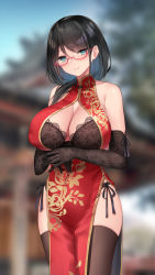 Rule 34 | 1girl, aqua eyes, bad id, bad pixiv id, bare shoulders, black bra, black gloves, black hair, black panties, black thighhighs, blurry, blurry background, bra, breasts, china dress, chinese clothes, cleavage, closed mouth, cowboy shot, dress, elbow gloves, glasses, gloves, highres, large breasts, looking at viewer, medium hair, original, osisio, panties, red dress, side-tie panties, side slit, smile, solo, standing, thighhighs, underwear