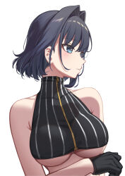 Rule 34 | 1girl, bare shoulders, black gloves, black hair, blue eyes, breasts, closed mouth, commentary, erezu, expressionless, gloves, hair intakes, highres, hololive, hololive english, large breasts, looking ahead, looking to the side, no shirt, ouro kronii, ouro kronii (1st costume), short hair, simple background, solo, striped, symbol-only commentary, turtleneck, underboob, upper body, vertical stripes, virtual youtuber, white background, zipper