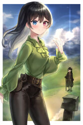 Rule 34 | 2girls, absurdres, belt, black hair, black pants, blue eyes, closed mouth, collared shirt, contrapposto, dano, green shirt, hand up, heterochromia, highres, long hair, long sleeves, looking at viewer, moneybag, multiple girls, novel illustration, official art, original, outside border, pants, puffy sleeves, red eyes, shirt, shirt tucked in, smile, solo focus, standing