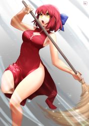 Rule 34 | 1girl, absurdres, artist name, bare shoulders, blue bow, bow, breasts, broom, china dress, chinese clothes, cleavage cutout, clothing cutout, commentary, covered navel, dress, fav faris, fingernails, hair between eyes, hair bow, half updo, highres, holding, holding broom, kohaku (tsukihime), large breasts, looking away, looking to the side, melty blood, melty blood: type lumina, mr. chin, official alternate costume, open mouth, pelvic curtain, red dress, red hair, short hair, sideboob, sleeveless, sleeveless dress, solo, teeth, thighs, tongue, tsukihime, tsukihime (remake), upper teeth only, yellow eyes
