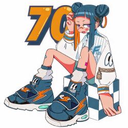 Rule 34 | 1girl, aqua shorts, bandaid, bandaid on cheek, bandaid on face, bandaid on leg, bandaid on nose, blue footwear, blue hair, blush, colored inner hair, dark blue hair, double bun, hair bun, hand up, highres, jacket, knees up, lightning bolt symbol, long sleeves, looking at viewer, multicolored hair, nao97122, open mouth, orange hair, original, print jacket, purple eyes, revision, ringed eyes, shoes, shorts, sidelocks, simple background, sitting, sneakers, socks, solo, striped clothes, striped jacket, two-tone hair, vertical-striped clothes, vertical-striped jacket, white background, white jacket, white socks, zipper, zipper pull tab