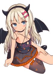Rule 34 | 1girl, absurdres, bare arms, bare shoulders, black camisole, black choker, black hairband, black skirt, black thighhighs, black wings, blue eyes, blush, bow, camisole, choker, closed mouth, clothes writing, collarbone, commentary request, criss-cross halter, demon girl, demon horns, demon wings, fake horns, feet out of frame, frilled skirt, frills, grecale (kancolle), hair between eyes, hair bow, hairband, halterneck, heart, heart print, highres, horns, ichi (ichi.colors), kantai collection, light brown hair, long hair, looking at viewer, pink bow, print camisole, print thighhighs, simple background, single thighhigh, skirt, smile, solo, star (symbol), star print, thighhighs, very long hair, white background, wings