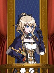 Rule 34 | 1girl, absurdres, black bow, black gloves, blonde hair, blue capelet, blue eyes, bow, breasts, capelet, cleavage, commentary, cowboy shot, genshin impact, gloves, hair between eyes, hair bow, hand up, highres, jean (genshin impact), komatsuzaki rui (style), large breasts, long hair, megu00, open mouth, pants, ponytail, shirt, solo, standing, strapless, strapless shirt, white pants, white shirt