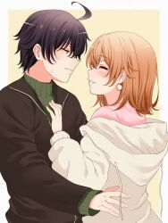 Rule 34 | 1boy, 1girl, ahoge, black hair, black jacket, blonde hair, blush, border, clenched teeth, closed eyes, earrings, green sweater, hand on another&#039;s chest, hikigaya hachiman, isshiki iroha, jacket, jewelry, looking at another, outside border, pink sweater, profile, red hayao, short hair, simple background, single earring, sweater, teeth, white border, white jacket, yahari ore no seishun lovecome wa machigatteiru., yellow background