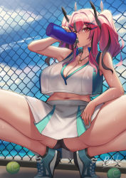 Rule 34 | 1girl, azur lane, bare shoulders, black panties, blue sky, blush, bottle, breasts, bremerton (azur lane), bremerton (scorching-hot training) (azur lane), chain-link fence, crop top, crop top overhang, day, drinking, fence, highres, large breasts, long hair, looking at viewer, multicolored hair, navel, panties, pink eyes, pink hair, qblade, sky, solo, sportswear, squatting, streaked hair, tennis uniform, thighs, twintails, two-tone shirt, two-tone skirt, underwear, water bottle