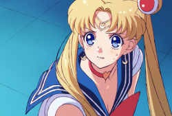 Rule 34 | 1girl, bishoujo senshi sailor moon, blonde hair, blue eyes, blue sailor collar, bow, bowtie, breasts, choker, circlet, cleavage, clenched teeth, collarbone, collared shirt, crescent, crescent earrings, earrings, hair bun, hair intakes, heart, heart choker, highres, jewelry, long hair, meme, red bow, red bowtie, red choker, sailor collar, sailor moon, sailor moon redraw challenge (meme), sailor shirt, shirt, sleeveless, sleeveless shirt, small breasts, solo, sweatdrop, teeth, tomaty., tsukino usagi, upper body, very long hair, white shirt