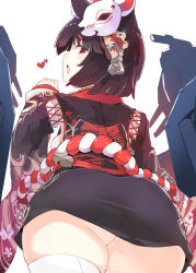 Rule 34 | 1girl, :d, animal ears, ass, ass focus, azur lane, bell, black hair, black kimono, blunt bangs, blush, breasts, foreshortening, fox ears, from behind, from below, hair ribbon, heart, huge ass, japanese clothes, jingle bell, kimono, long sleeves, looking at viewer, looking back, machinery, mask, mask on head, medium breasts, open mouth, profile, puuakachan, red eyes, ribbon, sasg, short hair, short kimono, sideboob, sideways mouth, simple background, single thighhigh, smile, solo, standing, thighhighs, thighs, white background, white thighhighs, wide sleeves, yamashiro (azur lane)