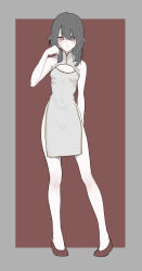 Rule 34 | 1girl, absurdres, bare shoulders, black hair, breasts, brown eyes, brown hair, cleavage cutout, clothing cutout, covered navel, dress, full body, hair over one eye, high collar, highres, holding, holding own hair, long hair, looking at viewer, oissu tiwassu, original, pelvic curtain, sleeveless, sleeveless dress, solo