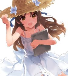 Rule 34 | 10s, 1girl, apple, brown eyes, brown hair, commentary request, dress, flower, food, fruit, hair ribbon, hat, hat flower, holding, idolmaster, idolmaster cinderella girls, long hair, looking at viewer, open mouth, ribbon, simple background, solo, straw hat, sundress, tablet pc, tachibana arisu, tetsujin momoko, white background