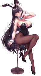 Rule 34 | 1girl, absurdres, alternate costume, animal ears, aqua bow, aqua bowtie, bare arms, bare shoulders, black footwear, black hair, black leotard, blue archive, blush, bow, bowtie, breasts, brown pantyhose, cleavage, commentary request, detached collar, fake animal ears, fake tail, full body, halo, hand up, high heels, highres, large breasts, legs, leotard, long hair, looking at viewer, pantyhose, playboy bunny, rabbit ears, rabbit tail, red eyes, rio (blue archive), saboten teishoku, shoe dangle, simple background, sitting, solo, tail, thighhighs, white background, wrist cuffs