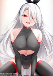 Rule 34 | 1boy, 1girl, areola slip, artist name, azur lane, black gloves, black thighhighs, breasts, covered navel, cowgirl position, gabriel evangel, girl on top, gloves, headband, highres, large breasts, latex, latex leotard, leotard, long hair, looking at viewer, mole, mole under eye, open mouth, prinz heinrich (azur lane), ribbon, signature, simple background, skindentation, spread legs, straddling, thighhighs, underboob, white hair