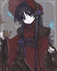 Rule 34 | 1boy, absurdres, alternate hair length, alternate hairstyle, androgynous, black hair, black kimono, blue butterfly, bug, butterfly, closed mouth, crossdressing, cup, doll joints, eyeliner, flower, genshin impact, grey background, hairband, highres, holding, holding cup, holding spoon, insect, japanese clothes, joints, kimono, lolita fashion, lolita hairband, long hair, male focus, multicolored clothes, multicolored kimono, purple eyes, purple flower, red eyeliner, red kimono, scaramouche (genshin impact), solo, spoon, teacup, vastbesloten