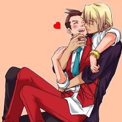 Rule 34 | 2boys, :d, ace attorney, antenna hair, apollo justice, aqua necktie, black pants, blonde hair, blush, bracelet, brown hair, buttons, closed eyes, closed mouth, collared shirt, dark-skinned male, dark skin, earrings, feet out of frame, forked eyebrows, formal, hand on another&#039;s arm, hand on another&#039;s chin, heart, hug, hug from behind, jewelry, kiss, kissing cheek, klavier gavin, knees up, lapel pin, lapels, male focus, multiple boys, necktie, open clothes, open mouth, open vest, outline, pants, pocket, ragi (od6fine), red pants, red suit, red vest, ring, shirt, short hair, simple background, sitting, sleeves rolled up, smile, suit, vest, white outline, white shirt, yaoi