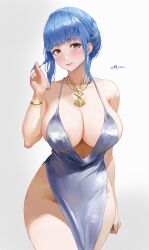 Rule 34 | absurdres, azur lane, backless outfit, blue hair, breasts, brown eyes, cosplay, dress, fire emblem, fire emblem: three houses, highres, huge breasts, jewelry, marianne von edmund, mymzi, nintendo, revealing clothes, sideboob, silver dress, smile, st. louis (azur lane), st. louis (luxurious wheels) (azur lane)