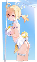 Rule 34 | 1girl, absurdres, ahoge, ass, blonde hair, blue archive, blush, braid, breasts, cropped legs, detached collar, gloves, gong cha, hair between eyes, halo, highres, kotori (blue archive), kotori (cheer squad) (blue archive), large breasts, long hair, millennium cheerleader outfit (blue archive), official alternate costume, open mouth, pom pom (clothes), red eyes, short twintails, sideboob, skirt, solo, thigh strap, twintails, white gloves, white skirt, yellow halo