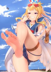 Rule 34 | 1girl, ass, bare shoulders, barefoot, beach, blonde hair, blue one-piece swimsuit, blue sky, blush, breasts, cagliostro (granblue fantasy), cagliostro (summer) (granblue fantasy), collarbone, day, dragon, eyewear on head, feet, granblue fantasy, grin, hair ornament, hand up, heart, heart-shaped eyewear, high ponytail, highres, leg up, legs, lighthouse, long hair, looking at viewer, ocean, off shoulder, one-piece swimsuit, purple eyes, sailor collar, sandals, sidelocks, sky, small breasts, smile, soles, solo, swimsuit, thigh strap, toes, wet, yui hiroshi