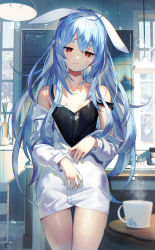 Rule 34 | 1girl, ahoge, animal ears, black shirt, blouse, blue hair, closed mouth, cowboy shot, ears down, hair in own mouth, highres, hololive, indoors, long hair, long sleeves, looking at viewer, off shoulder, open clothes, open shirt, rabbit ears, red eyes, scottie (phantom2), shirt, solo, standing, strap slip, thick eyebrows, usada pekora, very long hair, virtual youtuber, white shirt
