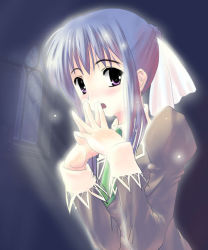 Rule 34 | 00s, 1girl, :o, black dress, black eyes, blue hair, blush, dress, green necktie, juliet sleeves, long hair, long sleeves, looking away, looking back, necktie, open mouth, own hands together, puffy sleeves, short hair, solo, strawberry panic!, suzumi tamao, upper body