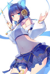 1girl absurdres animal_ears bell blue_eyes blue_hair blush braid breasts cane cat_ears cat_girl closed_mouth covered_navel cowboy_shot crop_top detached_sleeves duel_monster food-themed_hair_ornament hair_bell hair_ornament highres holding holding_cane japanese_clothes kanzakietc large_breasts looking_at_viewer midriff miniskirt navel ni-ni_the_mirror_mikanko o-ring o-ring_thigh_strap short_hair simple_background skirt smile solo thigh_strap white_background yu-gi-oh!