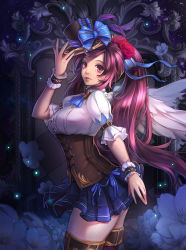 Rule 34 | 1girl, angel wings, ascot, bad id, bad pixiv id, blue skirt, bow, breasts, corset, eyelashes, feathered wings, flower, from side, hair flower, hair ornament, hand up, hat, hat bow, hat ribbon, lips, long hair, looking at viewer, medium breasts, nose, original, pleated skirt, puffy short sleeves, puffy sleeves, purple eyes, purple hair, red eyes, red flower, red rose, ribbon, rose, shirt, short sleeves, sidelocks, skirt, skirt set, solo, thighhighs, tracyton, twintails, very long hair, white shirt, wings, wrist cuffs, zettai ryouiki