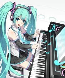 Rule 34 | 1girl, aqua eyes, aqua hair, detached sleeves, fukukitaru, grand piano, hatsune miku, headphones, instrument, long hair, looking at viewer, musical note, necktie, open mouth, piano, sitting, smile, solo, twintails, very long hair, vocaloid