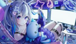 Rule 34 | 1girl, amane kanata, axolotl, blue hair, chair, collarbone, colored inner hair, company name, grey hair, hair between eyes, hair ornament, hair ribbon, hairclip, hololive, keyboard (computer), looking at viewer, memeno, miniskirt, monitor, mouse (computer), multicolored hair, off-shoulder sweater, off shoulder, parted lips, purple eyes, ribbon, sitting, skirt, solo, striped clothes, striped thighhighs, stuffed animal, stuffed toy, sweater, thigh strap, thighhighs, two side up, virtual youtuber, zettai ryouiki