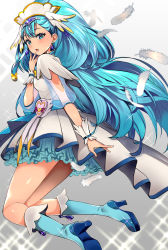 Rule 34 | 10s, 1girl, blue eyes, blue footwear, blue hair, blue skirt, boots, commentary request, cure ange, earrings, feathers, frilled skirt, frills, full body, gradient background, grey background, highres, hugtto! precure, jewelry, long hair, looking at viewer, magical girl, open mouth, precure, pukara, skirt, solo, wrist cuffs, yakushiji saaya