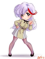 Rule 34 | 1girl, aikawa akane, brown eyes, cosplay, dated, dress, full body, grey dress, grey pantyhose, highres, lycoris recoil, lycoris uniform, mahou tsukai tai!, makiriandef, multicolored hair, pantyhose, pleated skirt, purple hair, red hair, signature, simple background, skirt, solo, streaked hair, waving, white background