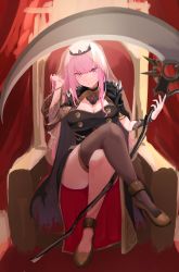 Rule 34 | 1girl, absurdres, black dress, breasts, cape, crossed legs, dress, grin, hand in own hair, high heels, highres, hololive, hololive english, knbd, large breasts, mori calliope, pink eyes, pink hair, scythe, single thighhigh, sitting, smile, thighhighs, thighs, throne, tiara, veil, virtual youtuber