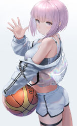 Rule 34 | 1girl, absurdres, arm up, ball, basketball, basketball (object), blush, bob cut, highres, holographic clothing, jacket, looking at viewer, looking back, original, pink eyes, pink hair, short hair, shorts, sports bra, sthk, waving, white background, white jacket, white shorts, white sports bra