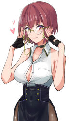 Rule 34 | 1girl, absurdres, adjusting eyewear, bespectacled, black choker, black gloves, black skirt, breasts, brown pantyhose, choker, cleavage, closed mouth, collared shirt, commentary, covered navel, cowboy shot, fingerless gloves, glasses, gloves, hair intakes, half gloves, heart, heterochromia, high-waist skirt, highres, hololive, houshou marine, houshou marine (businesswoman), karakr shin, looking at viewer, medium breasts, official alternate costume, official alternate hair length, official alternate hairstyle, pantyhose, partially unbuttoned, red eyes, red hair, rimless eyewear, round eyewear, shirt, shirt tucked in, short hair, side slit, simple background, skirt, sleeveless, sleeveless shirt, solo, standing, virtual youtuber, white background, white shirt, wing collar, yellow eyes